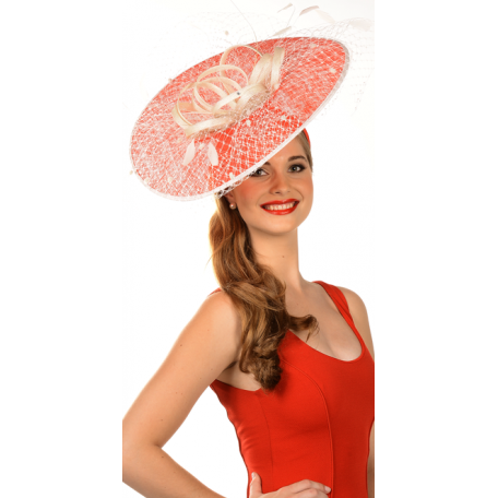 Red White Sinamay Fascinator nets and feathers H1432