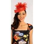 Red Pillbox Swirl fascinator with feathers H1404