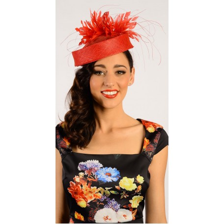 Red Pillbox Swirl fascinator with feathers H1404