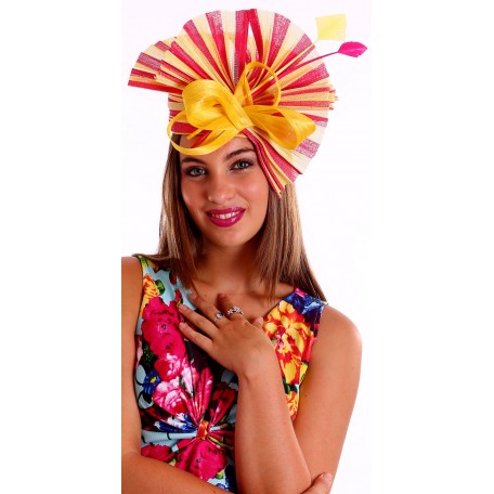 Yellow Hot Pink twotone pleated  fascinator H1602