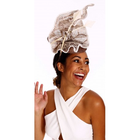 Coffee Brown Ivory Fascinator Feathers and lace H1628