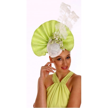 Green White Circle Fascinator Bow Feather H1629