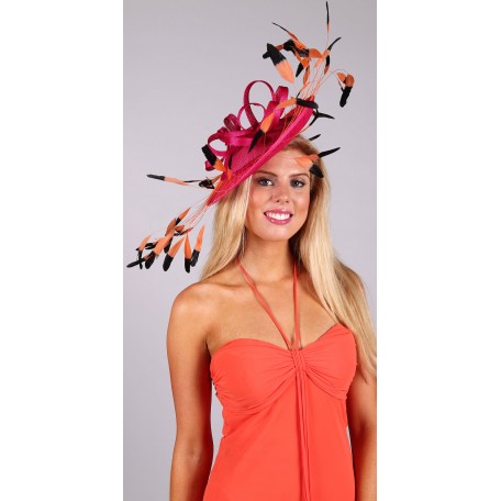 Hot Pink Orange Fascinator Sinamay dyed feathers H1184