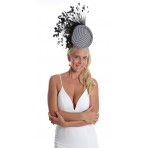 Black and White Pillbox Printed Fabric Spray of Feather Fascinator  H1817