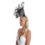 Black and White Pillbox Printed Fabric Spray of Feather Fascinator  H1817