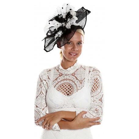 Black White twist of sinamay fascinator with bows H1622